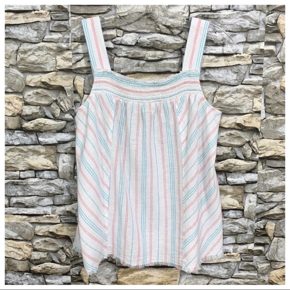 #2 Med Vince Camuto Sleeveless Smocked Edge Striped Tank Top Blouse Ocean Wave